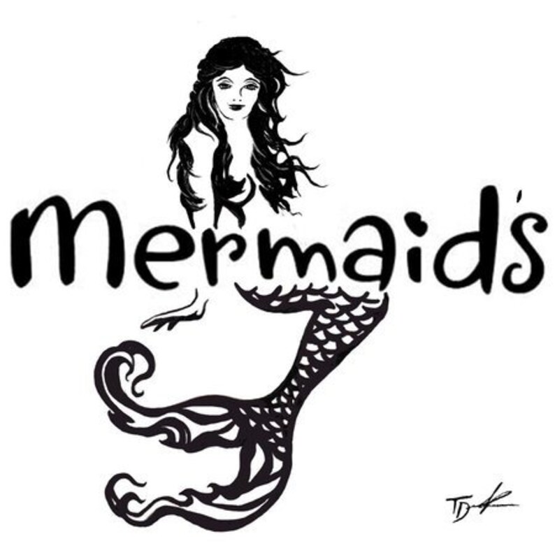 May include: Black and white illustration of a mermaid with the word "mermaids" written above her. The mermaid has long flowing hair and a scaly tail.