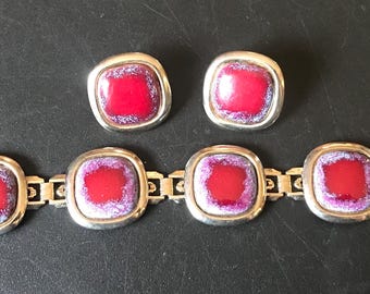 Parure de bijoux vintage avec panneau en émail rouge et boucles d'oreilles à clip, 1950's 1960's