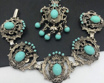 Heraldic Aqua Shield Jewelry Set, Vintage Crown Bracelet Brooch Set, High End Collectible Costume Jewelry, Retro Gift Idea for Her