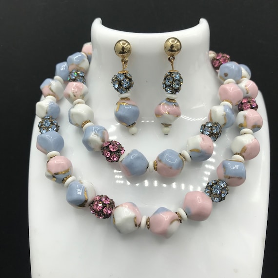 Glass Beaded Jewelry Set,  pink & blue rhinestone… - image 2