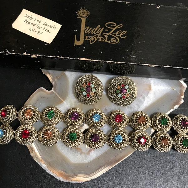 JUDY LEE SIGNED Vintage Rhinestone Bracelet Earring Set - 1940's 1950's Art Deco Jewelry - Stunning Hard to Find Demi - New Old Stock Set