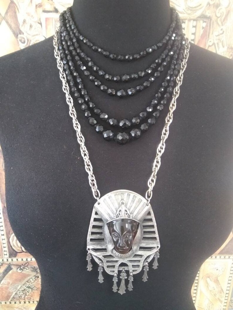Egyptian Revival faux Amber silvertone metal large pendant mid-century necklace