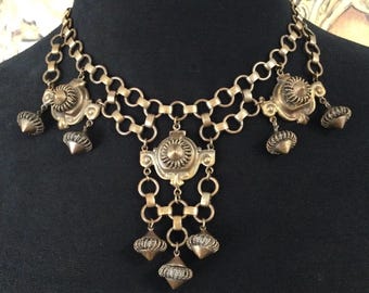 Vintage Goldtone Statement Etruscan Style Bib Necklace, 1960's 1970's Jewelry