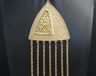 Vintage Gold Tone Fringe Tassel Pendant Necklace 1960's 1970's