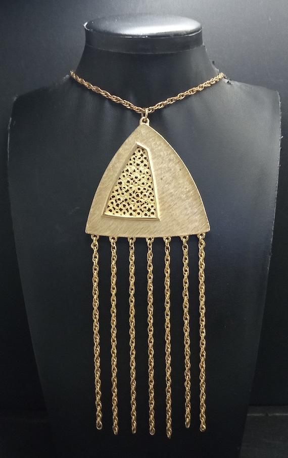 Vintage Gold Tone Fringe Tassel Pendant Necklace … - image 1