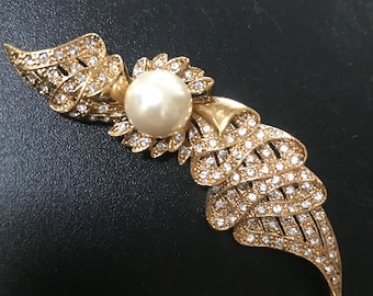 JBK Vintage Designer Signed Faux Pearl Rhinestone Brooch Pin, 1980's 1990's Jewelry