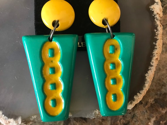 Large yellow green dangle earrings, 1960s 1970s c… - image 3