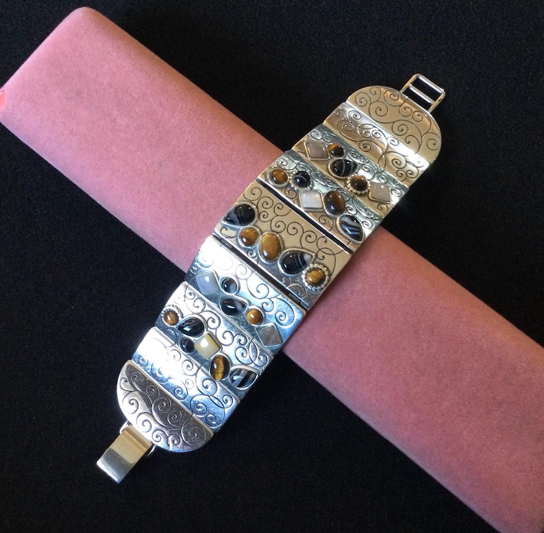 Brighton Vintage Designer Signerad Äkta Sten Cabochon Silvertonad Panelarmband bild 2