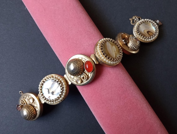 Vintage Chunky Statement Shell Rhinestone Panel B… - image 1