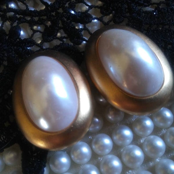 Chic Vintage Signed Faux Pearl Designer 1950's 1960's Earrings, Old Hollywood Glam Black Tie Formal Retro Jewelry