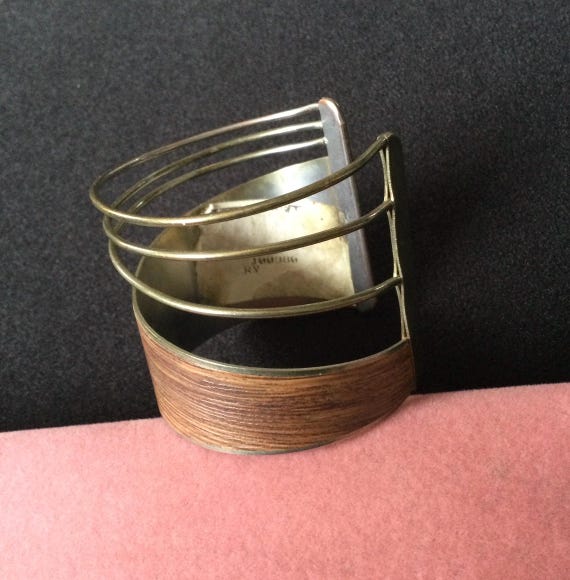 Vintage Gold Tone Faux Wood Cuff Bracelet, 1960's 1970's Jewelry View 3