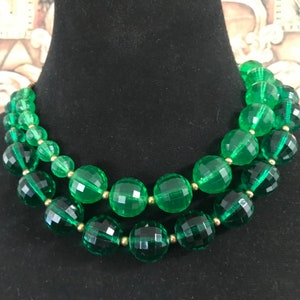 Vintage Necklace - Green Lucite Beads 2 Strand Beaded 1950s 1960s Jewelry - Mid Century Costume Jewelry