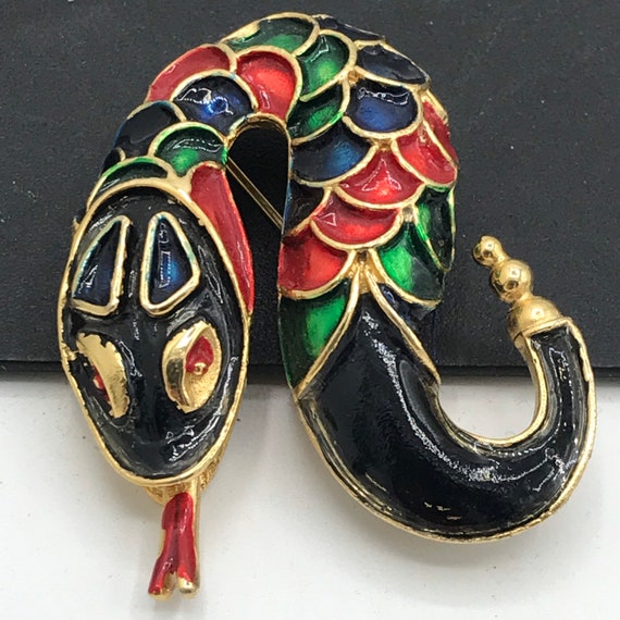 Vintage Black Red Green Enamel Snake Brooch - Ret… - image 5