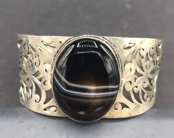 Botswana agate black stone silver plate over copperUnisex cuff bracelet, large chunky collectible jewelry