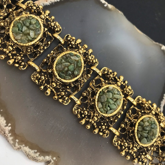 Vintage Green Jade Chips Wide Bracelet, 60s 70 Vi… - image 1