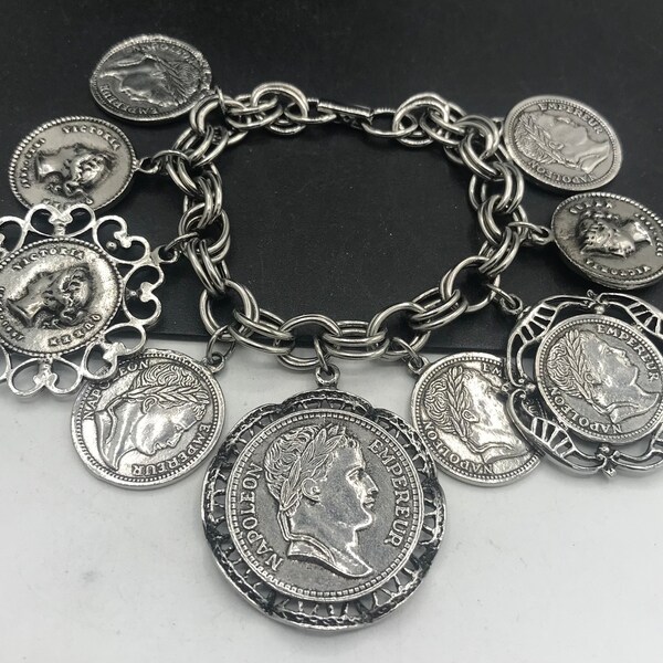 Judy Lee Designer Signed Bracelet, Vintage Collectible Coin Charm Bracelet, 1950's 1960's Heraldic Lion Jewelry