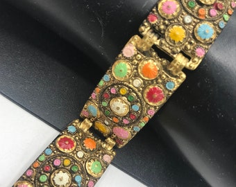 RESERVED do not buy SOLD 1950s Bracelet Enamel Bracelet high end floral jewelry, collectible boho bracelet, hippie bohemian layering jewelry