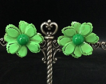 Vintage Green Enamel Metal Flower Clip On Earrings, 1950's Jewelry