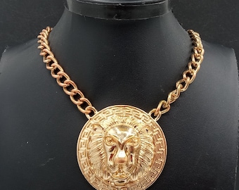 Vintage Gold Tone Lion Pendant Necklace, 1980's Jewelry