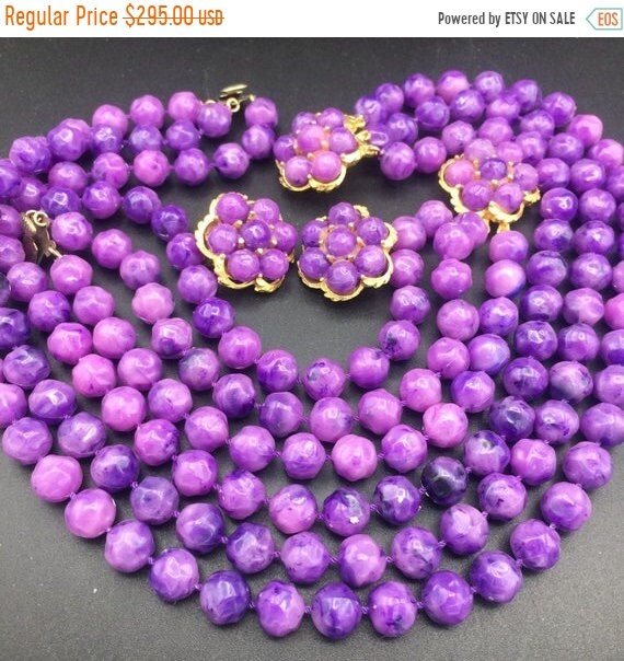 1960s purple beaded necklace bracelet earring jewe