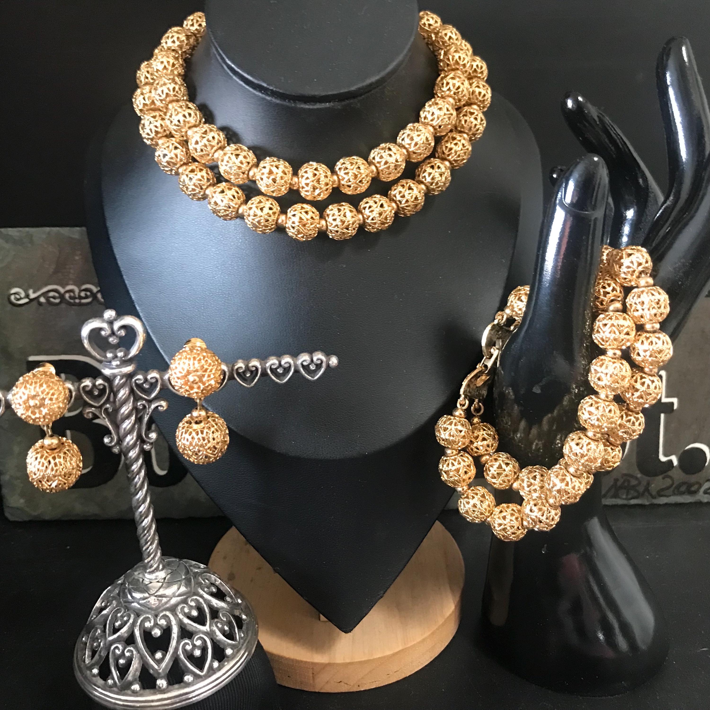 Monet Vintage Signed Gold Tone Filigree Beaded Necklace Bracelet