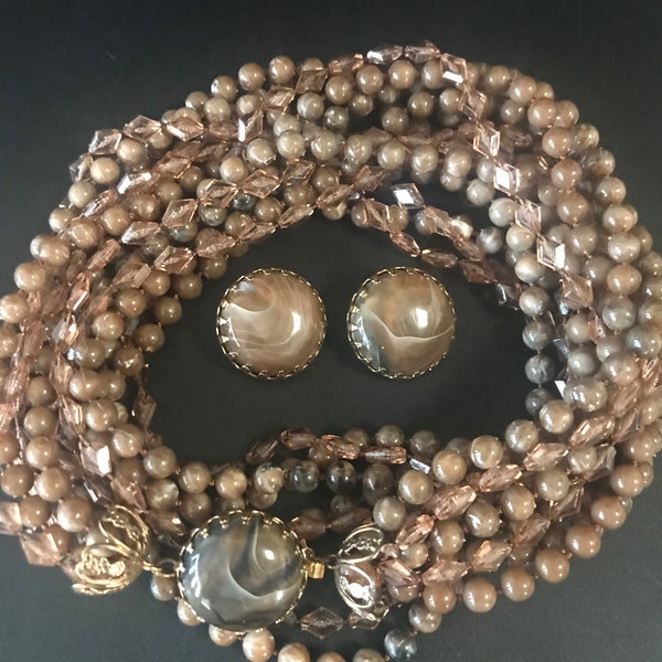 Vintage Brown Beaded Necklace & Button Clip On Earrings, 1960s Fall Jewelry, Retro Rockabilly Accessories Mid Century