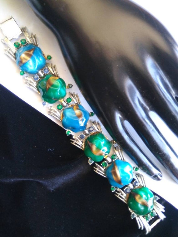 Coro Chunky Aqua Blue Green Bracelet - Designer S… - image 4