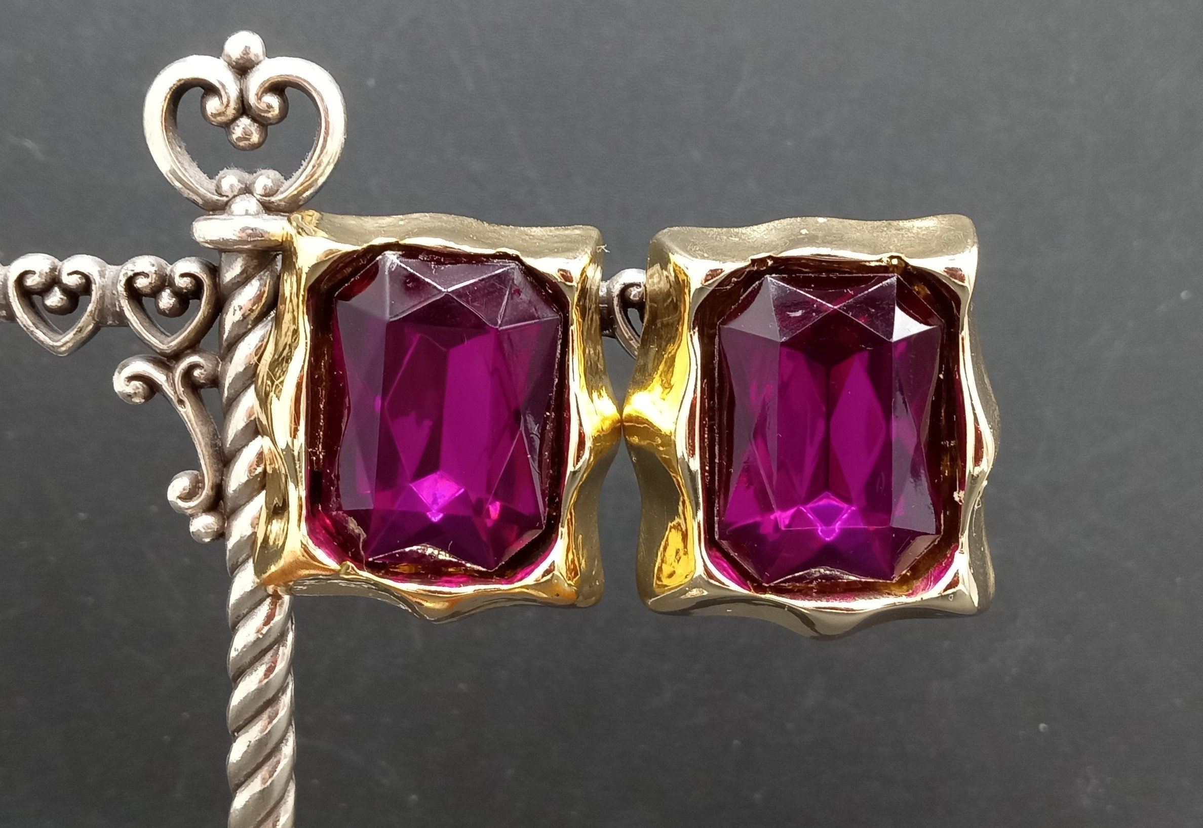 Boucles D'oreilles Clips Vintage Cristaux Violet Et Bleu - Bijou Fantaisie Ancien 5779