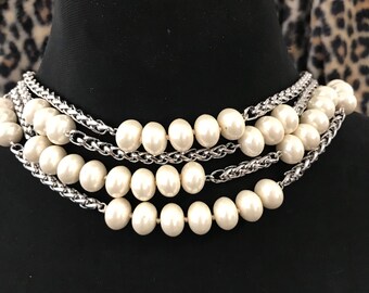 FAUX pearl chunky Silvertone metal chain 4 strand statement necklace