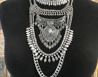 Vintage Silver Tone Coin Bib Necklace 1990's Collectible Vintage Boho Statement Jewelry Dangle Fringe Tassels