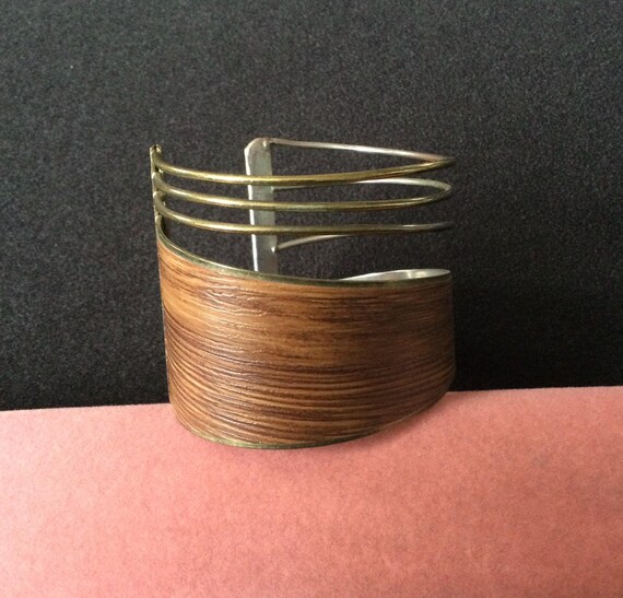 Vintage Gold Tone Faux Wood Cuff Bracelet, 1960's 1970's Jewelry View 2
