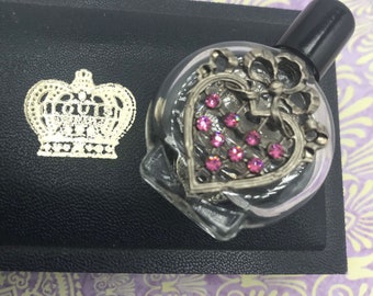Vintage pink rhinestone perfume bottle, collectible heart motif miniature perfume bottle
