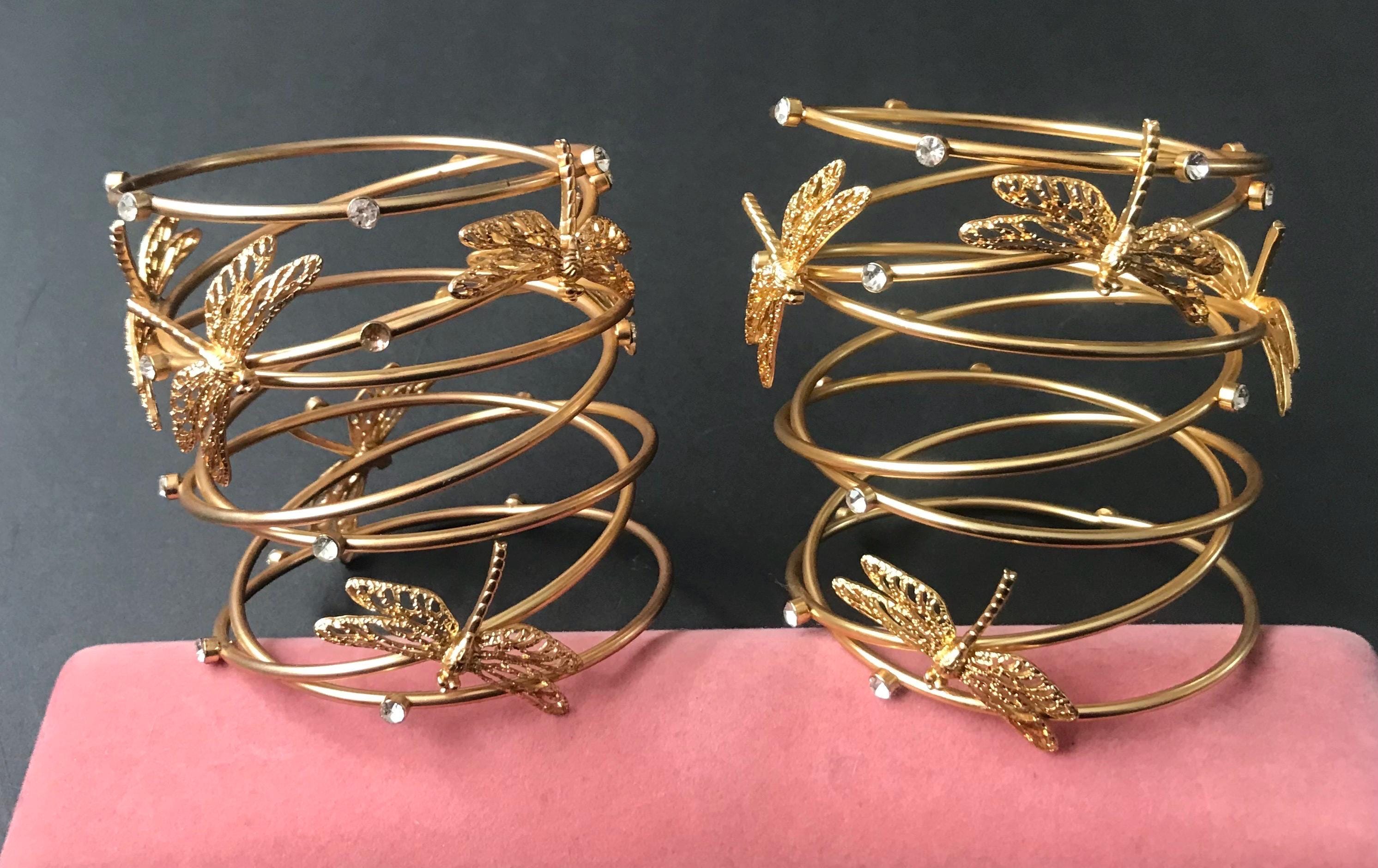 Vintage Gold Tone Very Wide Rhinestone Butterfly Bangle Bracelet Set of 2