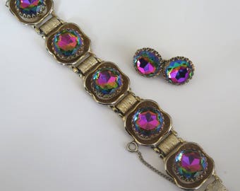 Vintage Rhinestone Bracelet Earring Set Headlight Demi Parure 50s 60s Watermelon Heliotrope Hollywood Regency Jewelry