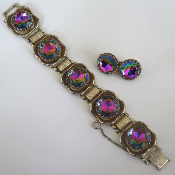 Vintage Strass Armband Ohrring Set Scheinwerfer Demi Parure 50er 60er Wassermelone Heliotrope Hollywood Regency Schmuck