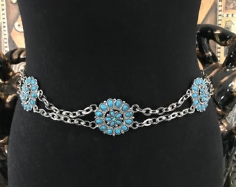 Vintage Silver Tone Chain Link Metal Belt with Faux Turquoise, Express Made in Korea Signed Accessories