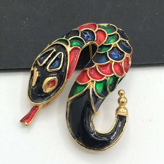 Vintage Black Red Green Enamel Snake Brooch - Ret… - image 4