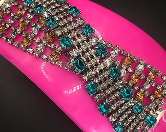 TOM BINNS Signed Retro Rhinestone Bracelet * Statement Vintage Jewelry * Old Hollywood Glamour * 1950's 1960's * Holiday Gift Idea for Her