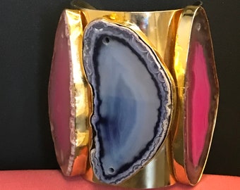 Very Nice Real Agate Stone Large Cuff Bracelet, Gold Tone Jewelry, 8 1/2 Inches Long