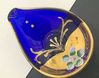 1950's Blue Gold Gilt Pretty Hand Painted Dish, Collectible Glass, Mid Century Modern Home Decor