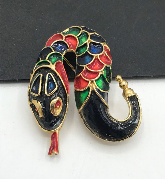 Vintage Black Red Green Enamel Snake Brooch - Ret… - image 1