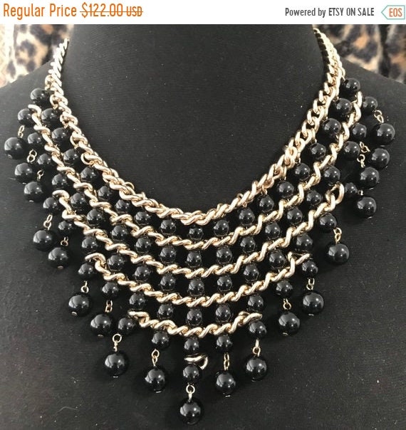 Black glass vintage goldtone metal chunky chain bib statement | Etsy