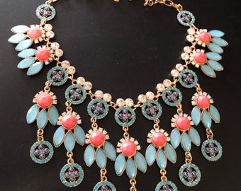 Unique Chunky Necklace, aqua blue orange rhinestone dangle drop glass & Lucite beaded bib statement necklace, collectible costume jewelry
