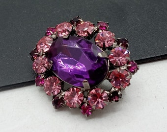 Vintage Pink & Purple Rhinestone Brooch Pin 1980's 1990's Jewelry