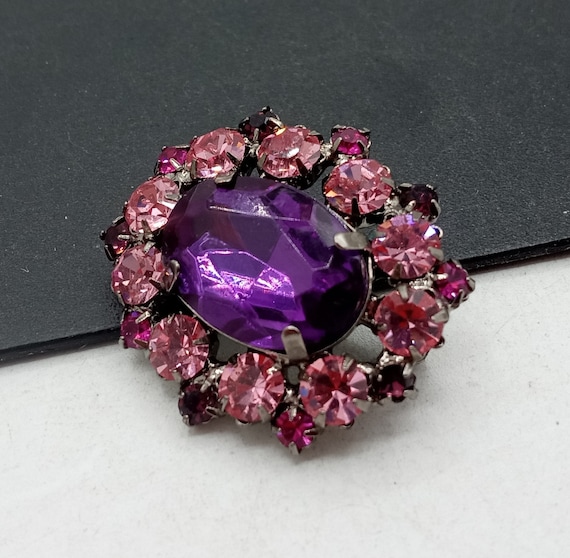 Vintage Pink & Purple Rhinestone Brooch Pin 1980'… - image 1