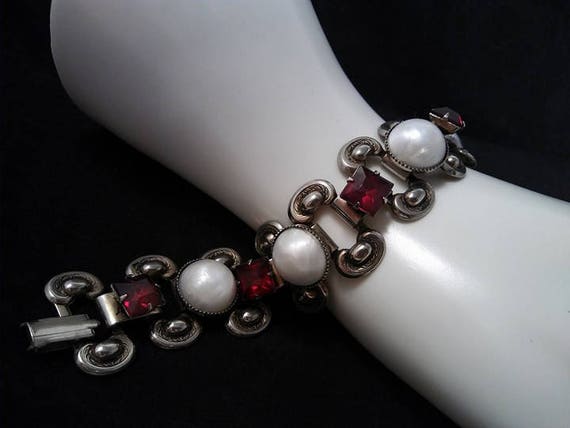 Vintage Red Rhinestone & Faux Pearl Bracelet Rare High End Jewelry 