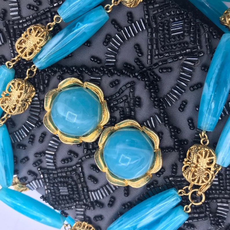 Vintage Aqua Lucite Necklace & Earrings Demi Parure 1950's Collectible Jewelry Set Rockabilly Mad Men Mod Theater Movie Prop Vintage Gift image 7