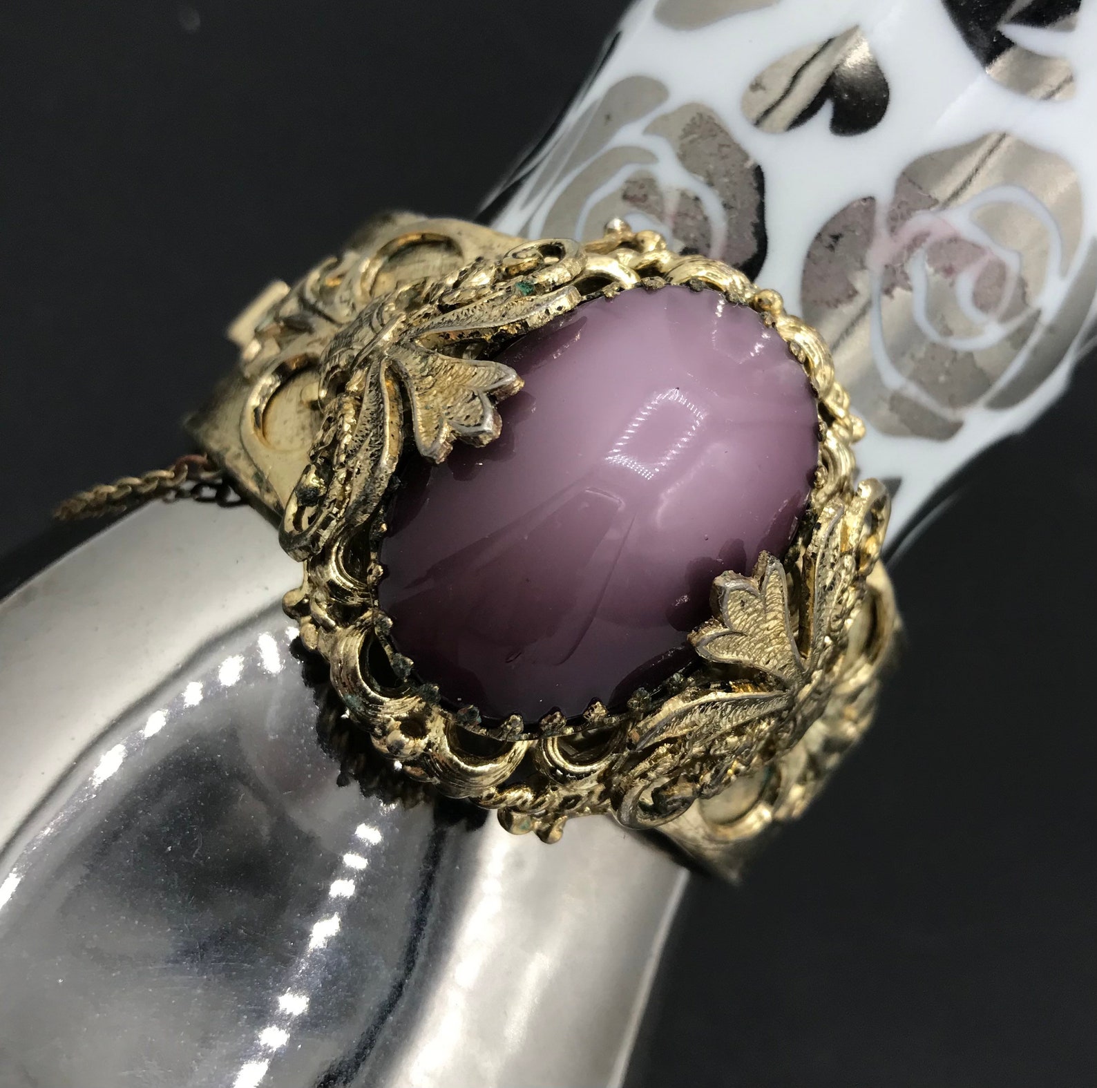 Vintage Purple Glass Stone & Gold Tone Metal Chunky Wide Etsy