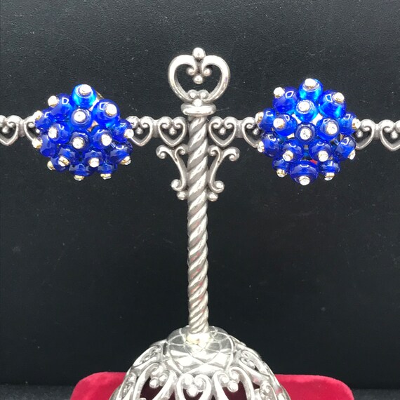 Vintage Blue Glass & Rhinestone Clip on Earrings,… - image 5