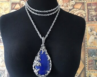 Long Trifari Chain Designer Signed & Unsigned Juliana Large Blue Silver Lucite Pendant Necklace, Collectible Jewelry